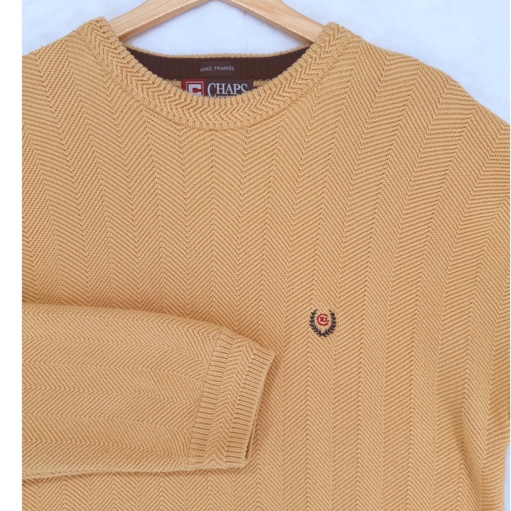 Vintage 90s Chaps Ralph Lauren Hand Framed Sweater L Yellow Cotton Chevron Knit